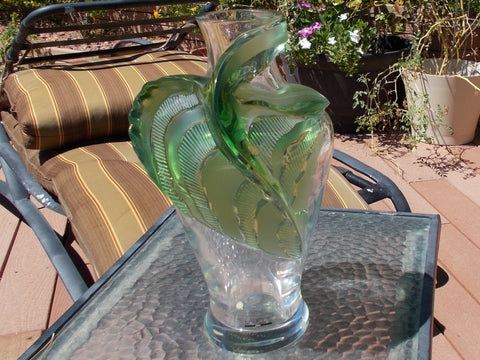 Lalique France Tanega Clear and Green Crystal 14 inch Vase