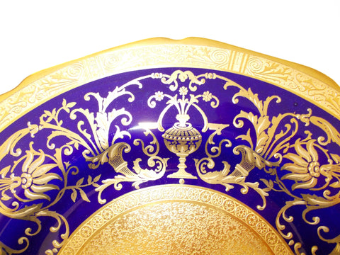 Crown Chelsea English China; Scalloped Edge Gold & Cobalt Blue Design (12 plates)