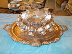 Ornate "Hand Chased" Silver on Copper Punch Bowl, Hanging Cups, Laddle and Engraved Footed Serving Tray with Handles (15 total pieces)