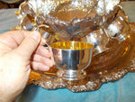 Ornate "Hand Chased" Silver on Copper Punch Bowl, Hanging Cups, Laddle and Engraved Footed Serving Tray with Handles (15 total pieces)