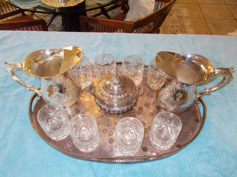 William & Dore Matching Pitchers set, Condiment Bowl with Lid,  Lenox Crystal Tumblers and Engraved Tray.  (12 pieces)